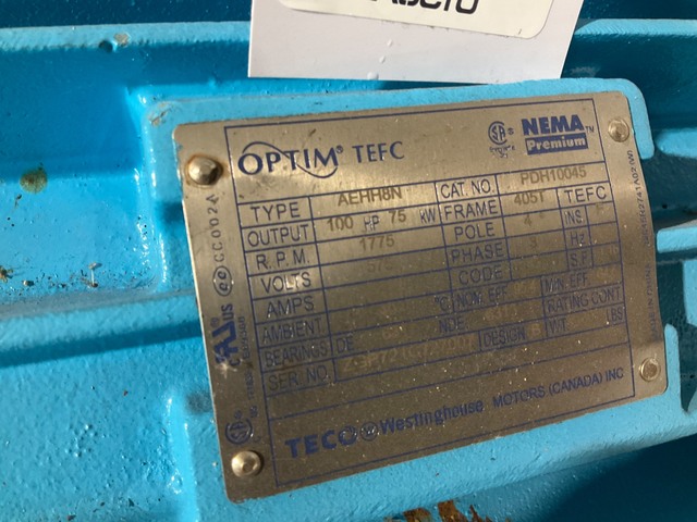 100 HP HP RPM Teco Westinghouse #PDH10045, AC Motor, 1800 RPM, 575V, 3 phase, 405T Frame, TEFC, 95.4% Eff. - Image 8