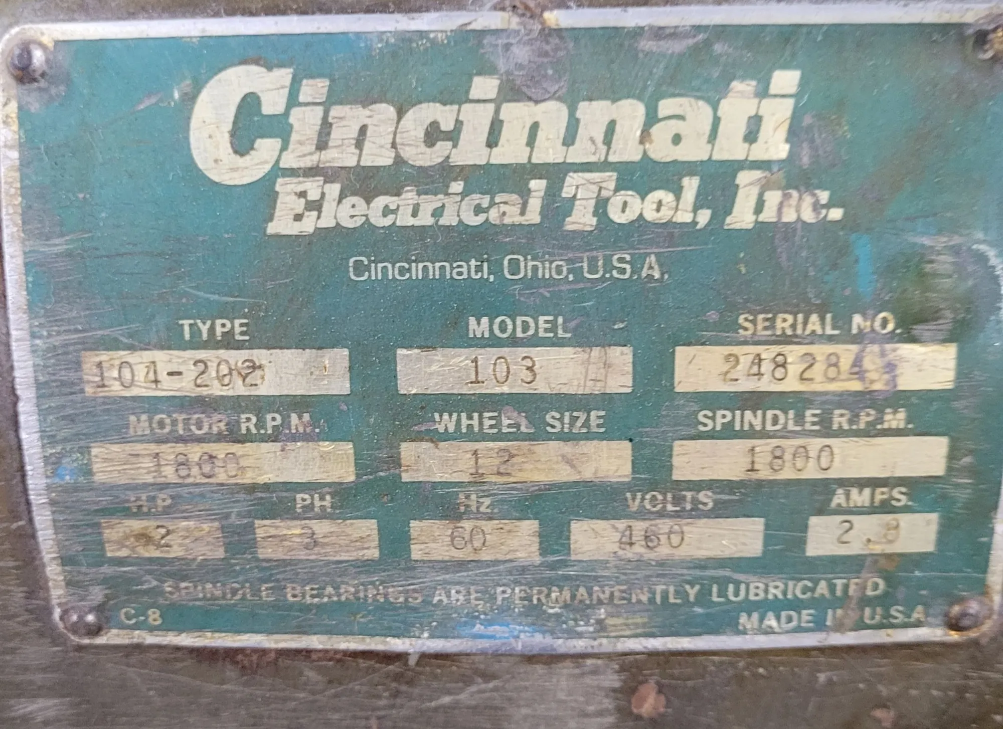 Cincinnati #103, Pedestal Grinder, 2 HP, 460V, 3 Ph., 1800 RPM, 12" x 2" x 5" Wheels - Image 7