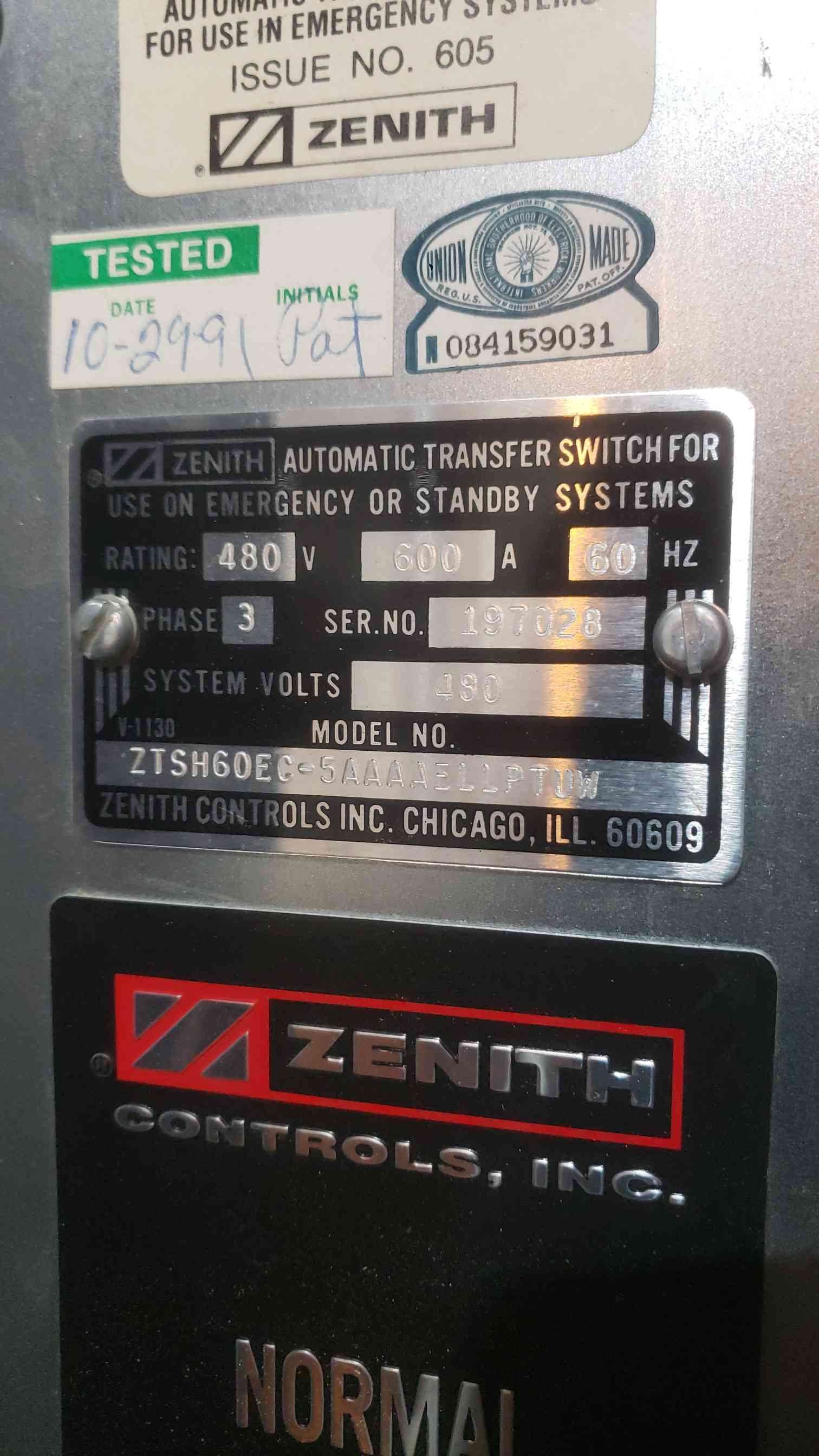 600 Amp. GE Zenith #ZTSH60EC-5, ZTS Series, Automatic Transfer Switch, 480 Volts, 3 Phase - Image 5