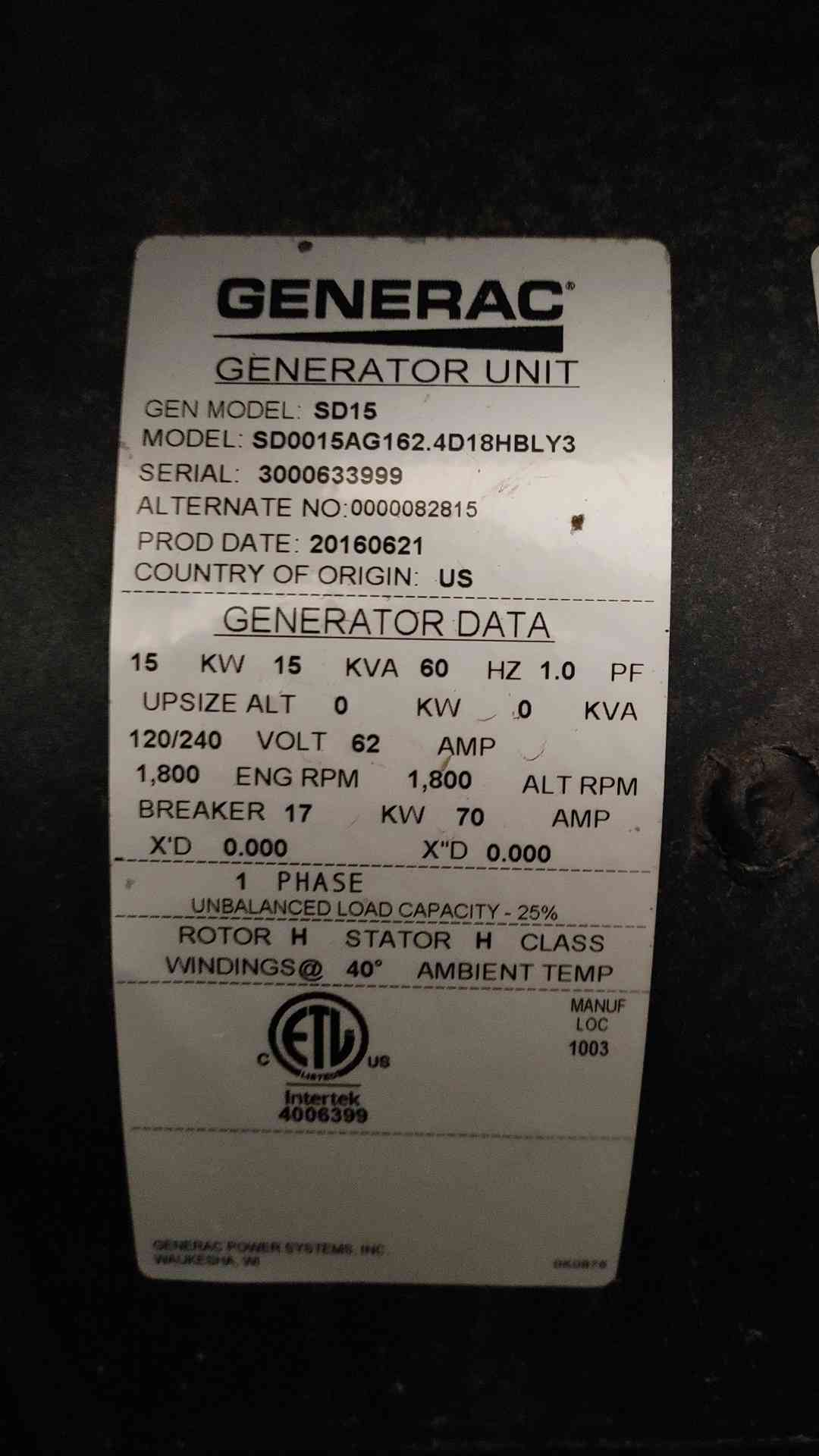 15 KW Generac #SD15, Industrial Diesel Standby Generator, 120/240 Volts, 1 Phase, 334 Hrs., Tested, 2016 - Image 10