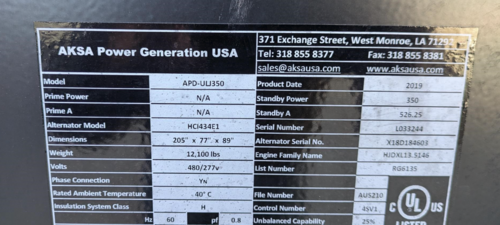 350 KW Aksa, Stamford, John Deere Diesel Generator, 277/480 Volts, 3 Phase, DeepSea 7320, 3,143 Hrs., 2019 - Image 7
