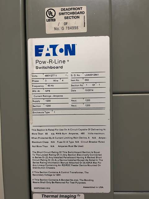 800 Amp. Eaton #PRL4, Pow-R-Line Distribution Panelboard, 480Y/277 Volts, 3 Phase 4 Wire, 65k AIC - Image 5