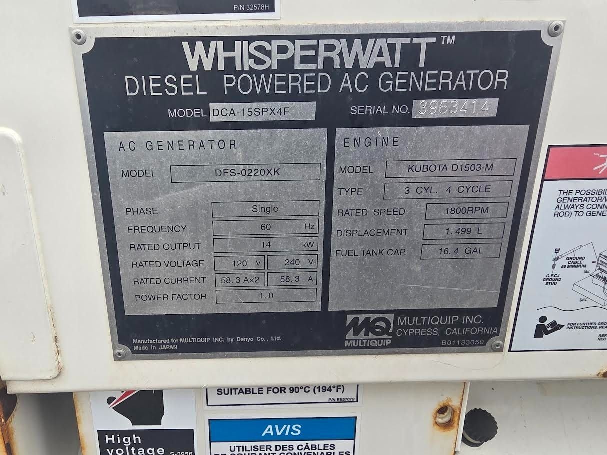 14 KW Multiquip #DCA15SPXU4F, diesel generator set, 120/240 Volts, 1-phase, 1800 RPM, Kubota D1503 engine - Image 3