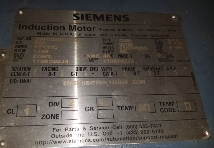 800 HP 1186 RPM Siemens, Frame 5810S, 2300/4000 Volts - Image 3