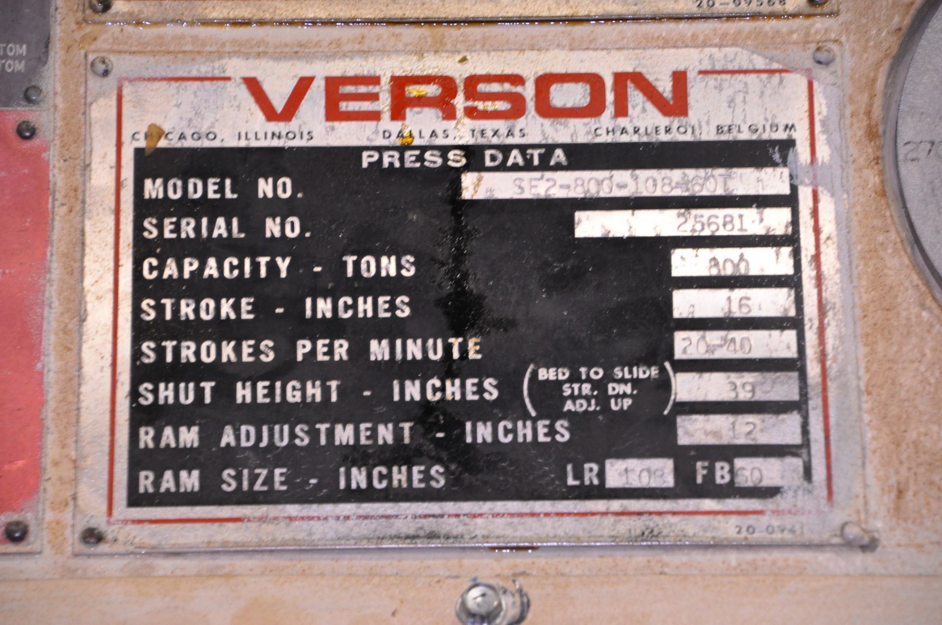 800 Ton, Verson #SE2-800-108-60T, straight side double crank, 16" stroke, 39" Shut Height, 12" adj., 108" - Image 7