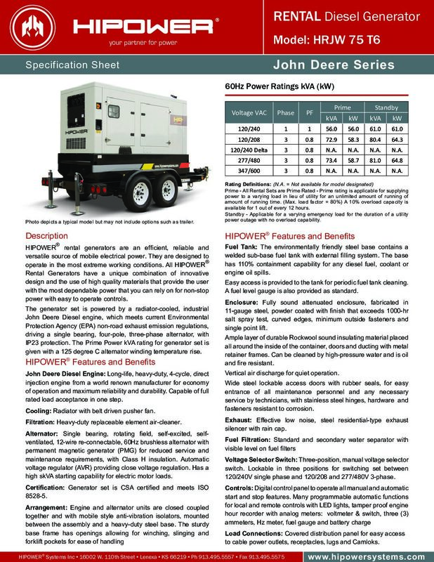 56 KW HiPower #HRJW-75-T6, diesel generator set, 99 hours, John Deere engine, Tier 3, tandem axle trailer - Image 5
