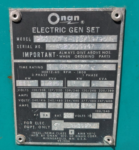 250 kW Onan #250.0DFM-17R, Diesel Generator, Cummins Big-Cam NTA855-G, 4623 Hrs - Image 7
