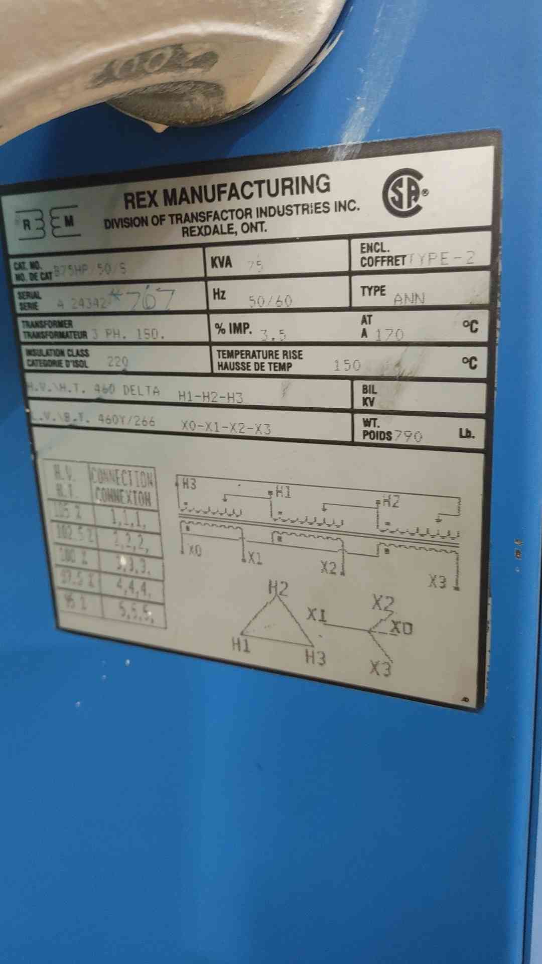 75 kVA, 460Delta Primary, 460Y/266 Secondary Rex B75HP/50/S, Isolation Transformer, 3ph - Image 2