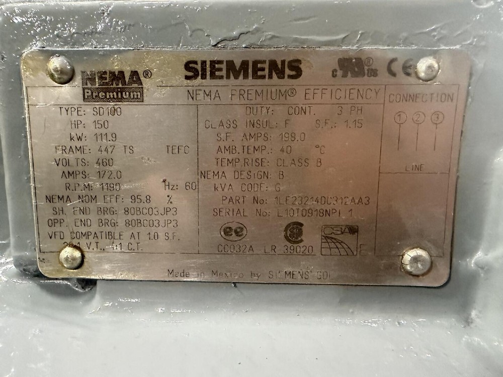 150 HP 1190 RPM Siemens, Frame 447TS, TEFC, 3PH 460 Volts 172A AC Motor - Image 1