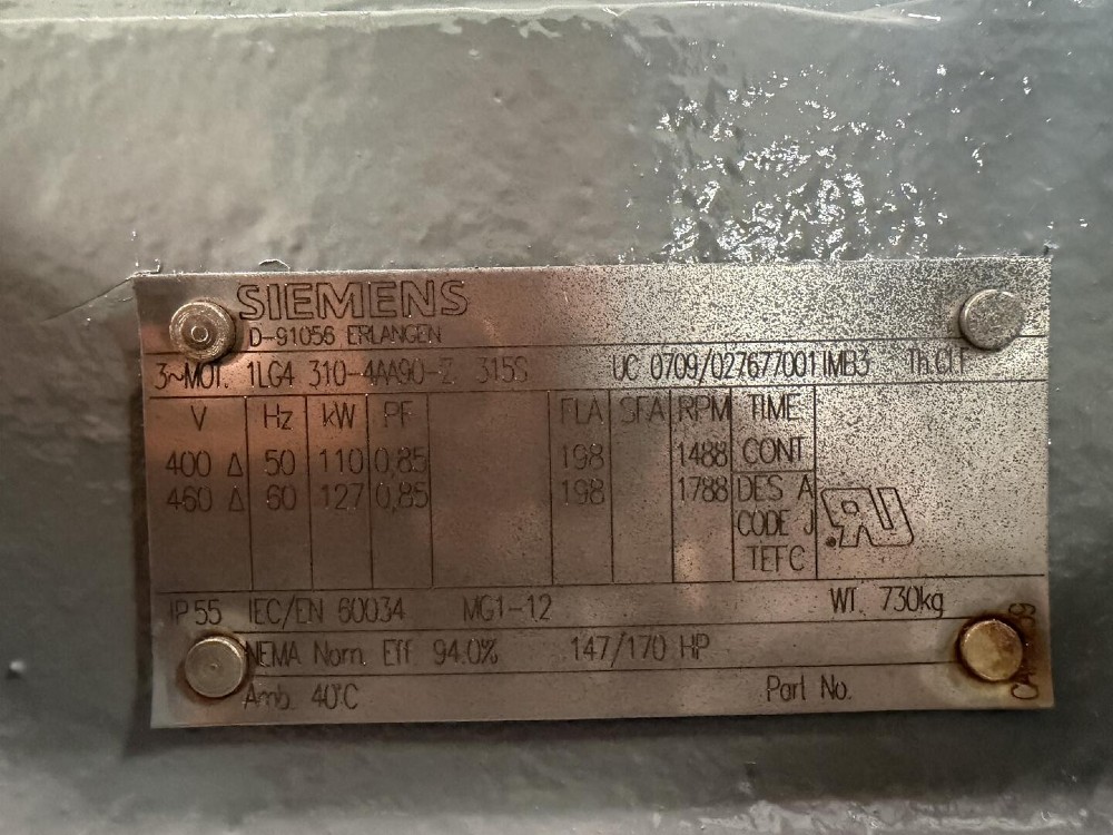 127 KW HP 1788 RPM Siemens, Frame 315S, 3PH 460 Volts 198A 315S TEFC AC Metric Motor - Image 1
