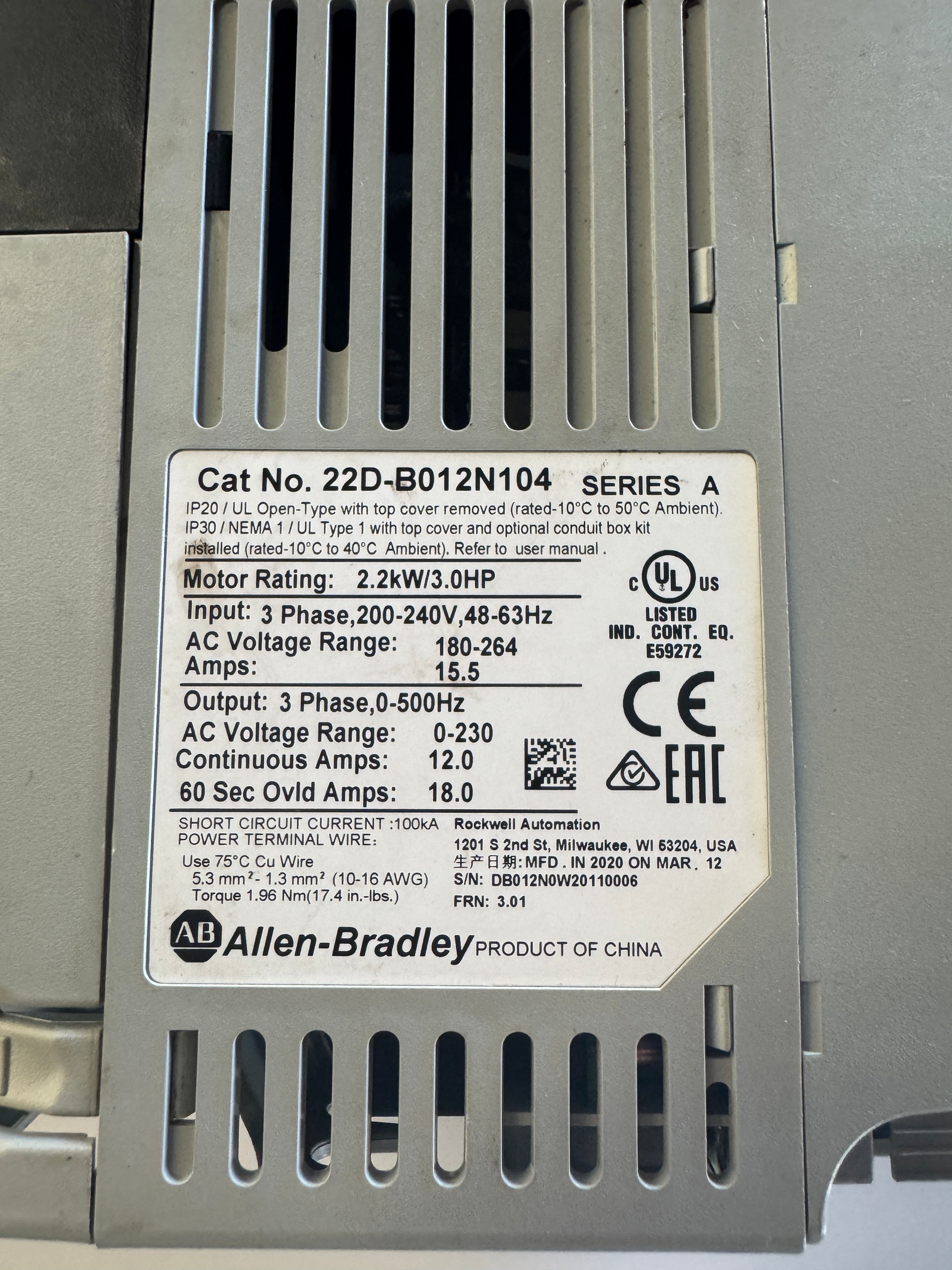 Allen-Bradley Variable Frequency Drive 22D-B012N104 200-240V 3-Phase - Image 3