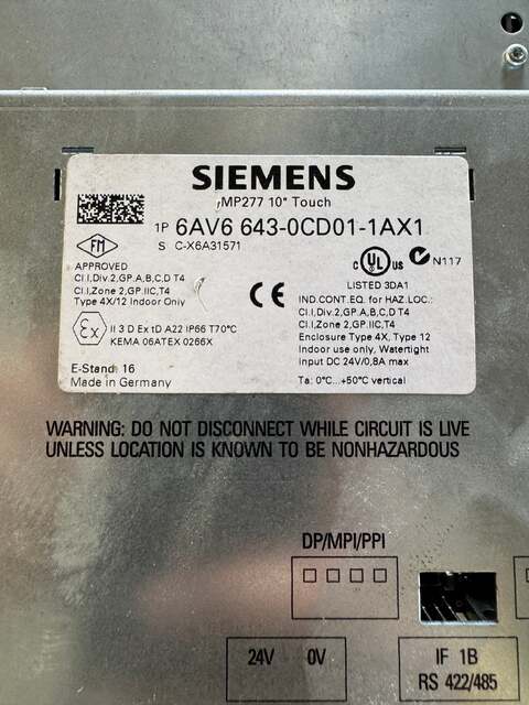 Siemens HMI Touch Panel 6AV6 643-0CD01-1AX1 24 VDC - Image 2
