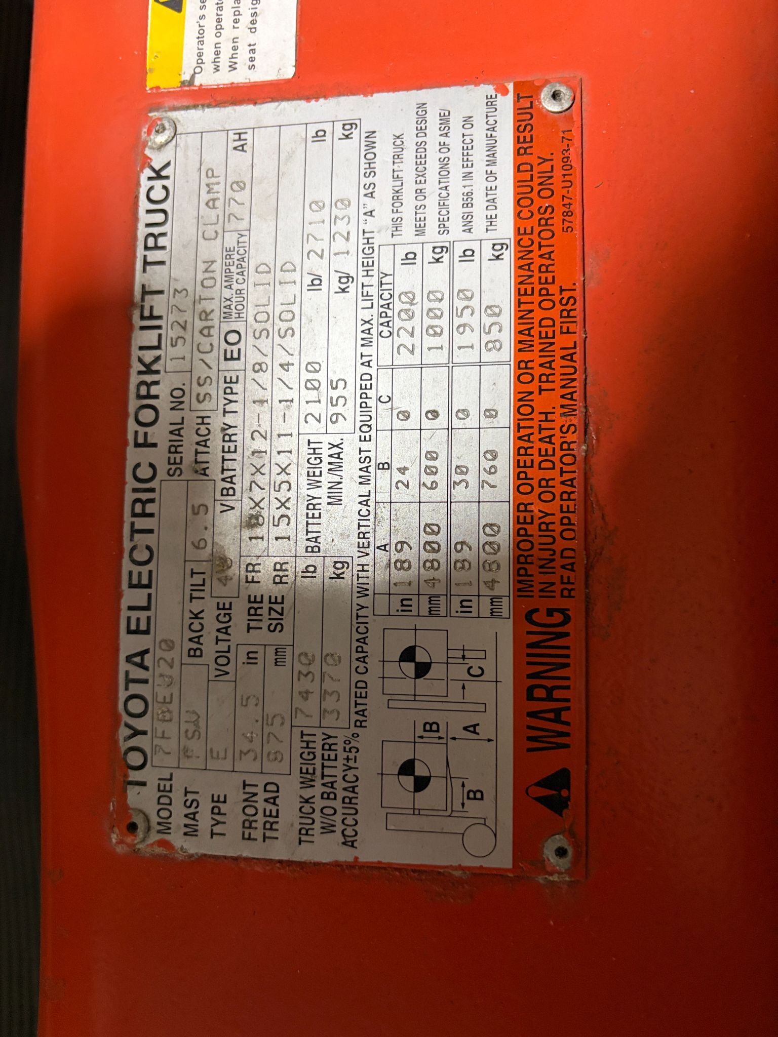 4000 lb. Toyota #7FBEU20, electric forklift, 189" lift height, 42" fork length, 24" load center, side shift - Image 4