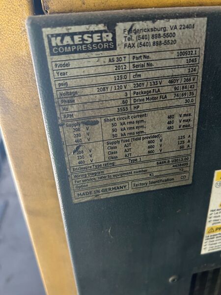 124 cfm, 125 psi, Kaeser #AS-30T, Rotary Screw Air Compressor, 30 HP, 230 psi @ 110°F dryer, 3PH, 2012 - Image 2