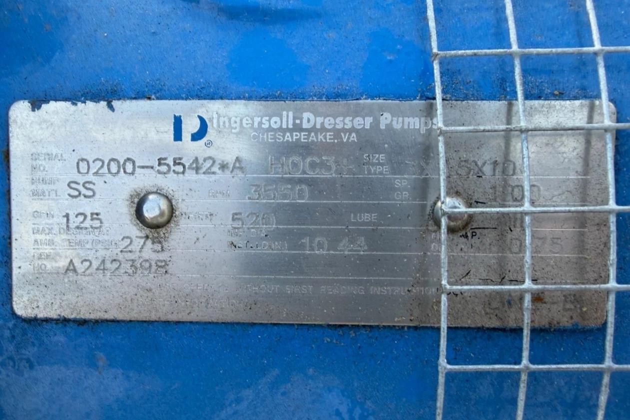 125 GPM @ 520' TDH, Ingersoll-Dresser, Centrifugal Pump Skid, 10.24" impeller diameter, 275 psi, 60 HP - Image 2