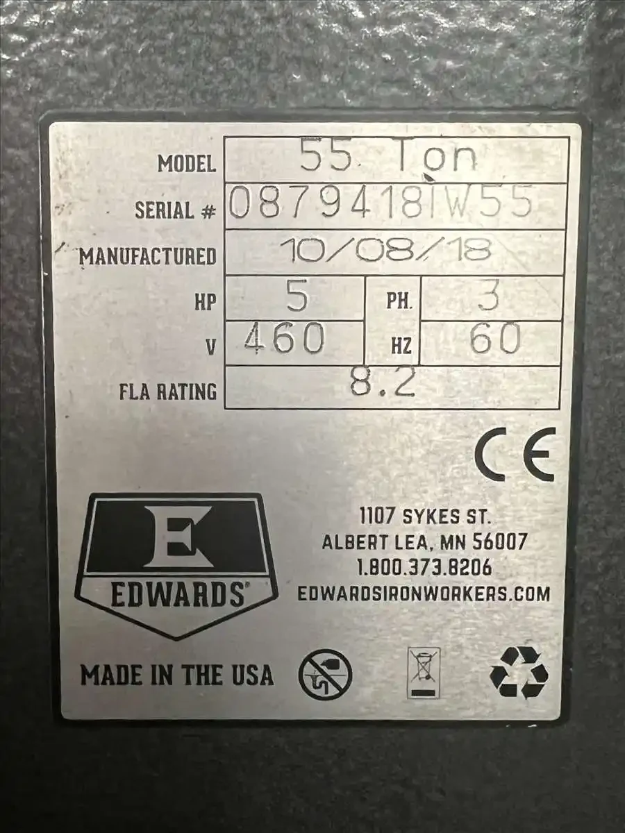4" x 4" x 1/4" Edwards, heavy duty ironworker, 55 ton, 1.25" stroke, 7" throat, 5 HP, 2018 - Image 10