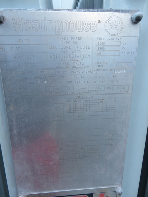 2000/2300 kVA, 4160 Delta Primary, 480/277 WYE Secondary, Westinghouse Substation - Image 1