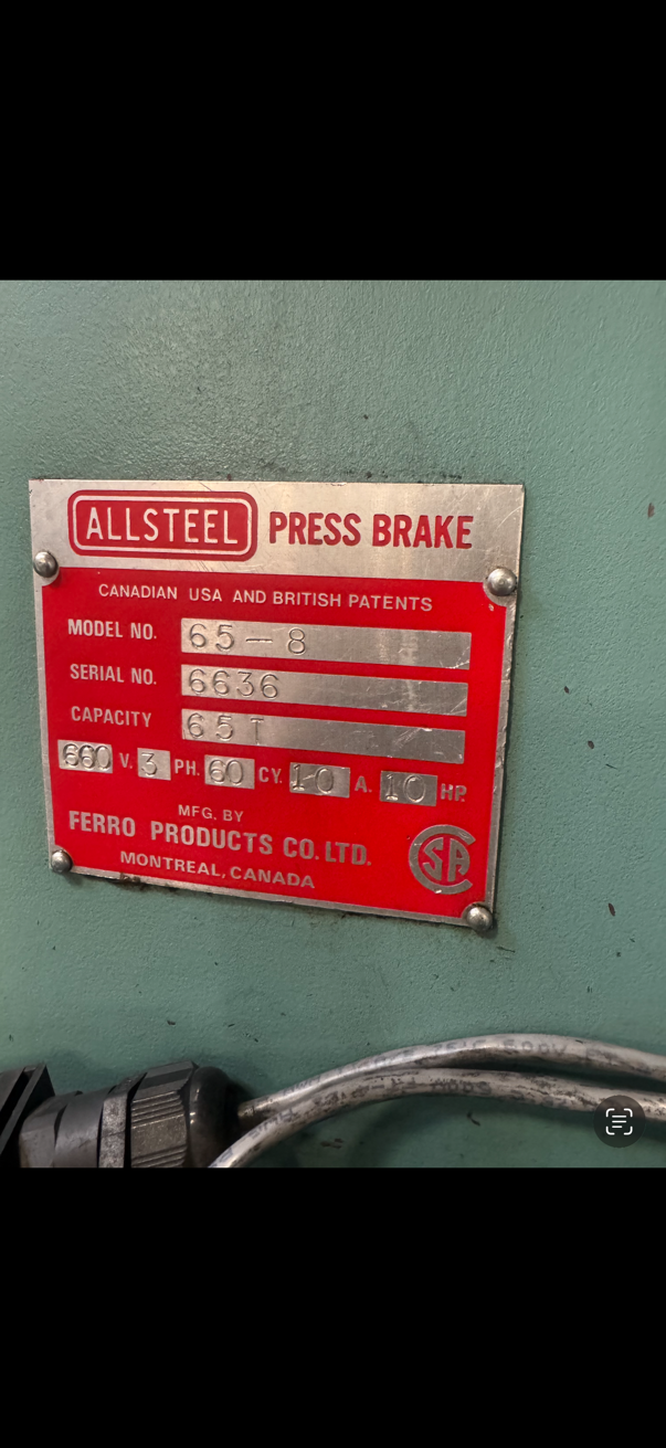 65 Ton, Allsteel #65-8, press brake, 8' overall - Image 3