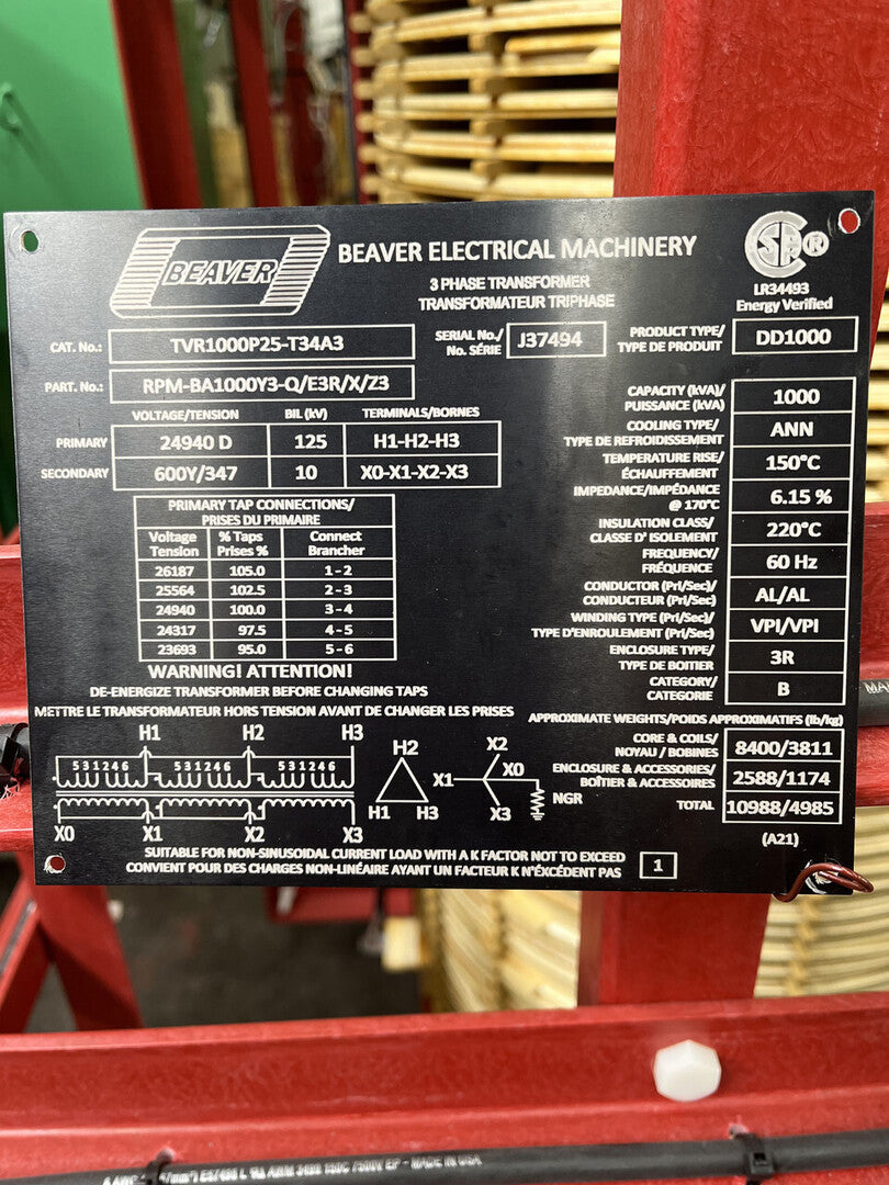 1000 KVA 25,000 Primary, 347/600 Secondary, Beaver #TCR1000P25-T34A3, Dry Type Isolation Transformer, 3PH - Image 1