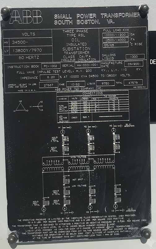 10000/11200/12500/14000 kVA, 34500 Delta Primary, 13800/7970 Wye Secondary, ABB Substation - Image 1