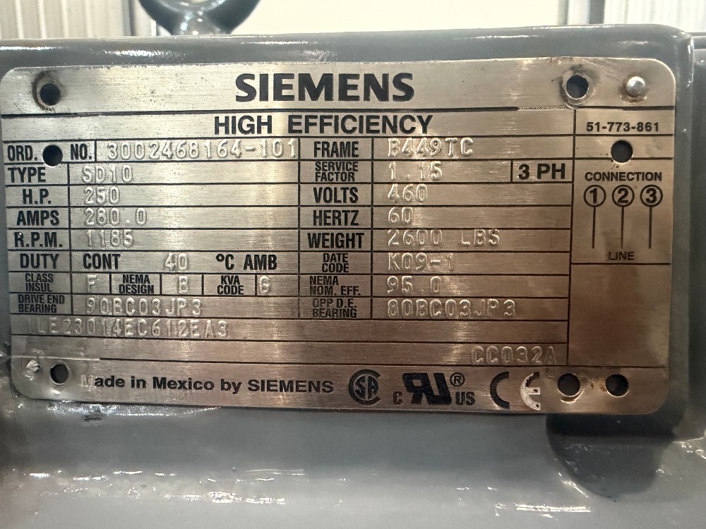 250 HP 1185 RPM Siemens, Frame 449TC, TEFC, 3PH 460 Volts 280A AC Motor - Image 1