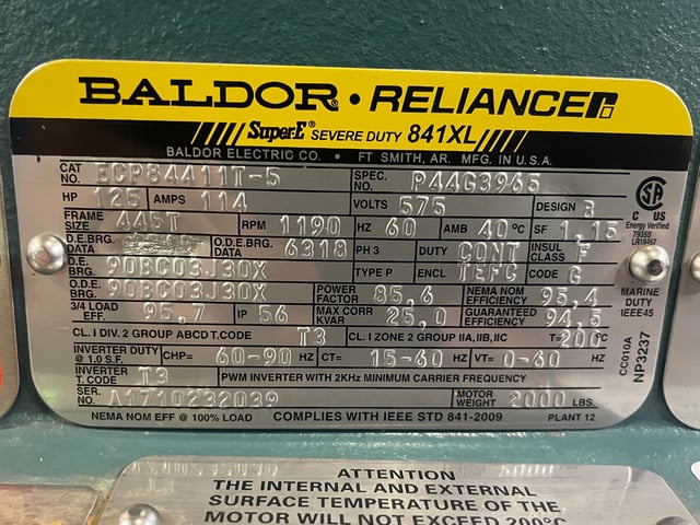 125 HP 1200 RPM Baldor Reliance, Frame 445T, TEFC BB, 575 Volts, New Surplus - Image 1