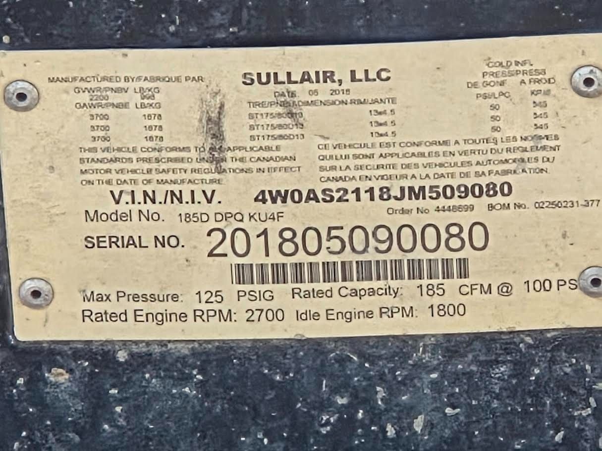 185 cfm, 100 psig, Sullair #185, portable diesel air compressor, Tier 4 Final, 27 gallon fuel tank - Image 6