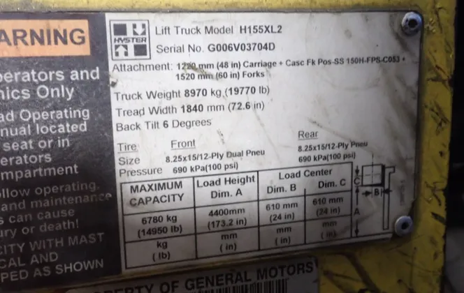 14950 lb. Hyster #H155XL2, Diesel Forklift, Enclosed Cab, 173.2" Mast, 60" x 6" Forks, 2005 - Image 4