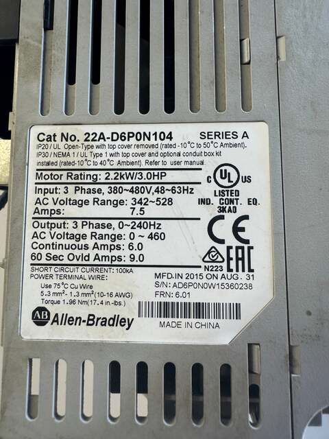 Allen-Bradley Variable Frequency Drive 22A-D6P0N104 480V 3-Phase - Image 2