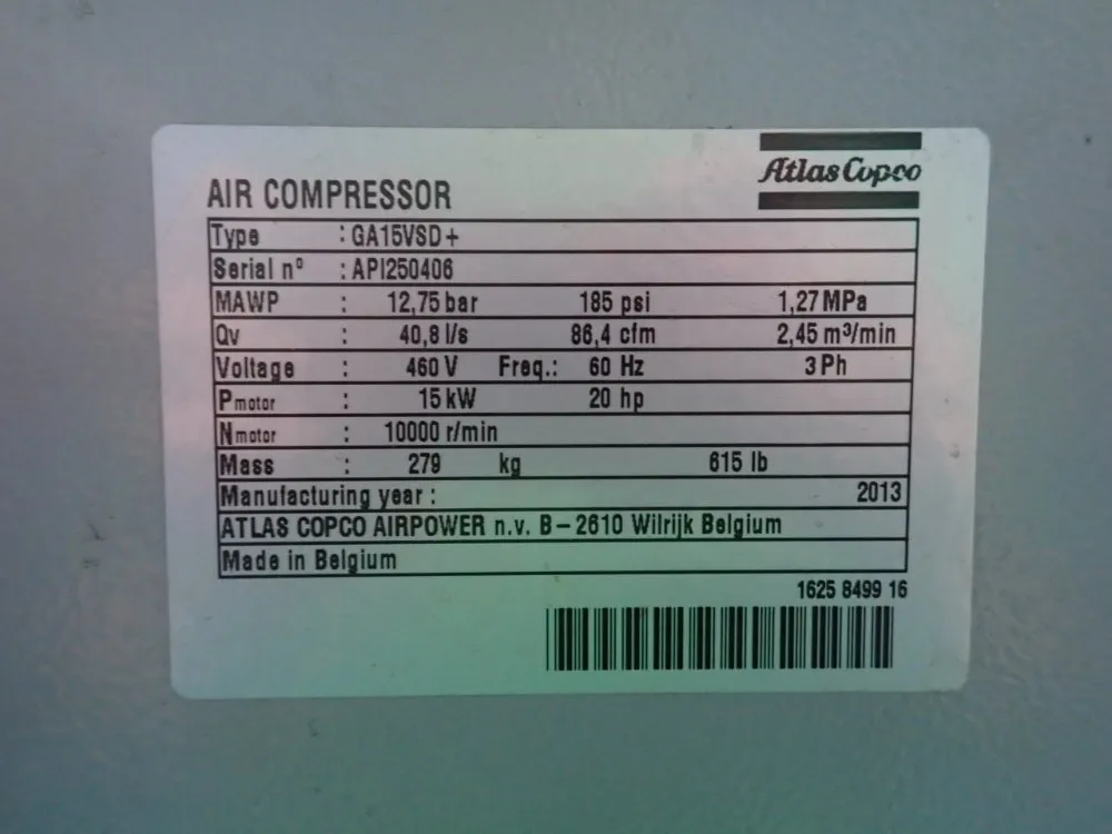 20 HP, Atlas Copco #GA15VSD+, Rotary Screw Air Compressor, 185 PSI, 460 V., 2013 - Image 6