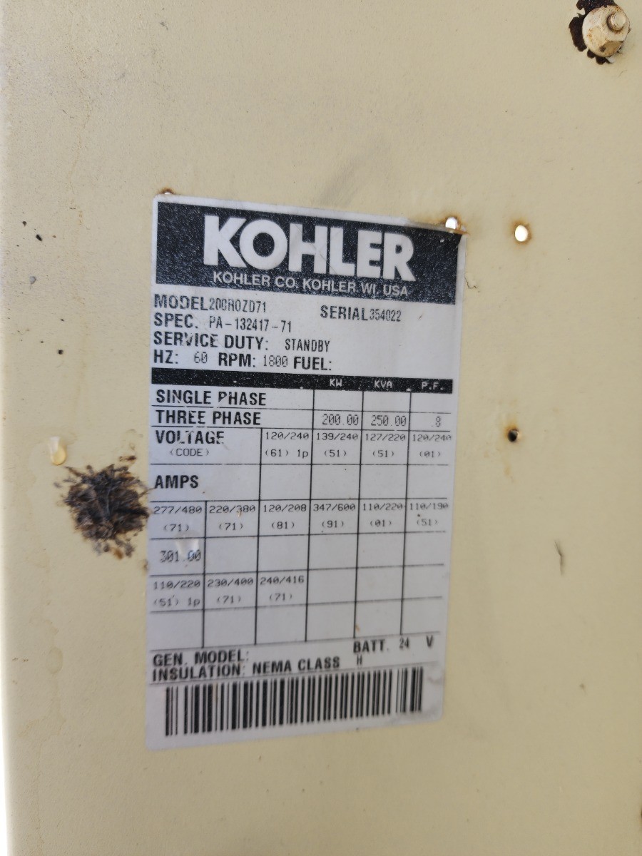 200 KW Kohler #200R0ZD71, Diesel Generator, 480 Volts, 330 HP @ 1800 RPM Detroit Diesel engine, 300 amp - Image 2