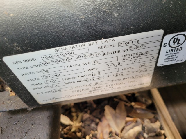 35 KW Generac #12455410200, Natural gas generator set, 120/240 Volts, 1-phase, 1800 RPM, S/N: 2108118, 2010 - Image 3