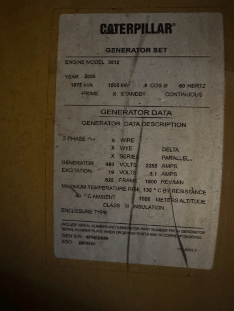 1500 KW Caterpillar #3512, Diesel Generator Set w/ Paralleling Switchgear, 480 Volts, 1800 RPM, 8000 amp - Image 4