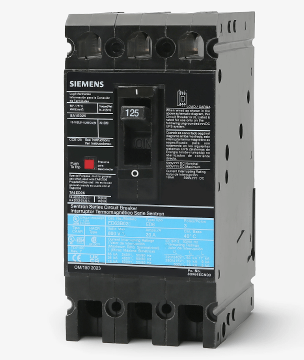 125 Amps, Siemens #ED43B125, Molded Case Circuit Breaker, 3-pole, 480 VAC/250 VDC, 3PH - Image 1
