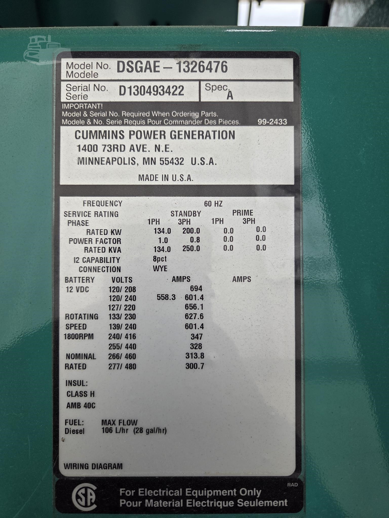 200 KW Cummins #DSGAE-1326476, Diesel Generator Set, 277/480 Volts, 1800 RPM, 3PH, 251 hours - Image 4