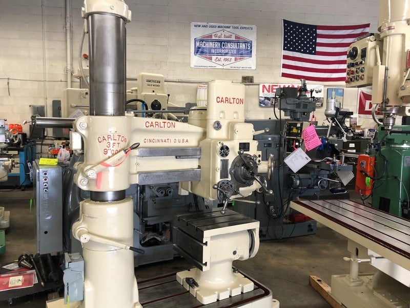 3' -9" Carlton, HD radial arm drill, 57" under spindle, #4MT, 3 HP, power elevation, 26" x 33" tilt box - Image 1
