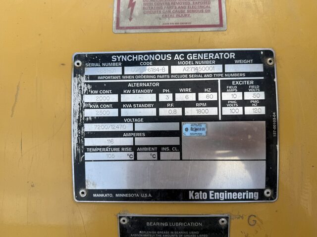 2000 KW, 1800 RPM, Kato, Generator End, 7200/12470 Volt, 3PH - Image 7