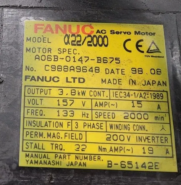 3.8 KW Fanuc #22/2000, AC servo motor, 157 Volts, 133 Hz, 15 A., 2000 RPM, 1998, 91783 - Image 6
