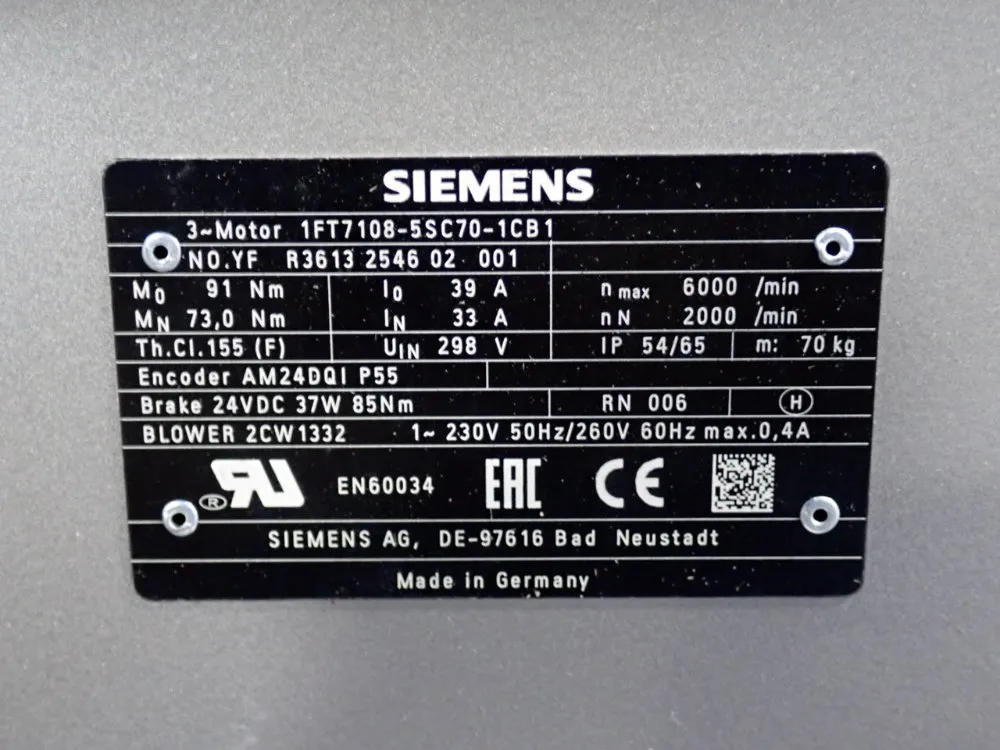 Siemens #1FT7108-5SC70-1CB1, AC Servo Motor, 230 Volts - Image 7