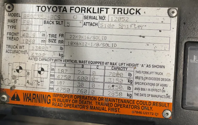 7,000 lb. Toyota #8FGC35U-BCS, Propane Forklift, 48" forks - Image 5