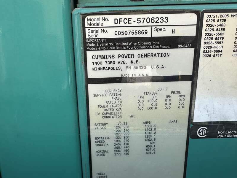 400 KW Cummins #DFCE, diesel generator set, 277/480 Volts, 508 hours, 605 HP @ 1800 RPM, NTA-855-G5 engine - Image 10