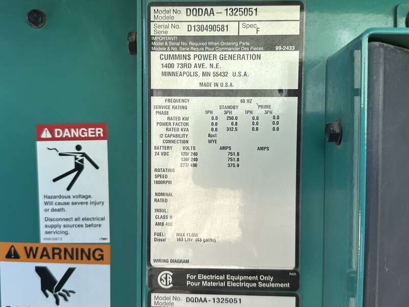 250 KW Cummins #DQDAA, diesel generator set, 277/480 Volts, 85 hours, 464 HP @ 1800 RPM, QSL9-G7 engine, EPA - Image 10