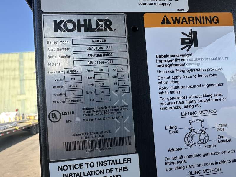60 KW Kohler #60REZGB, Natural gas / LP generator set, 120/240 Volts, 1-phase, 105 HP @ 1800 RPM, GM 5.7L - Image 9