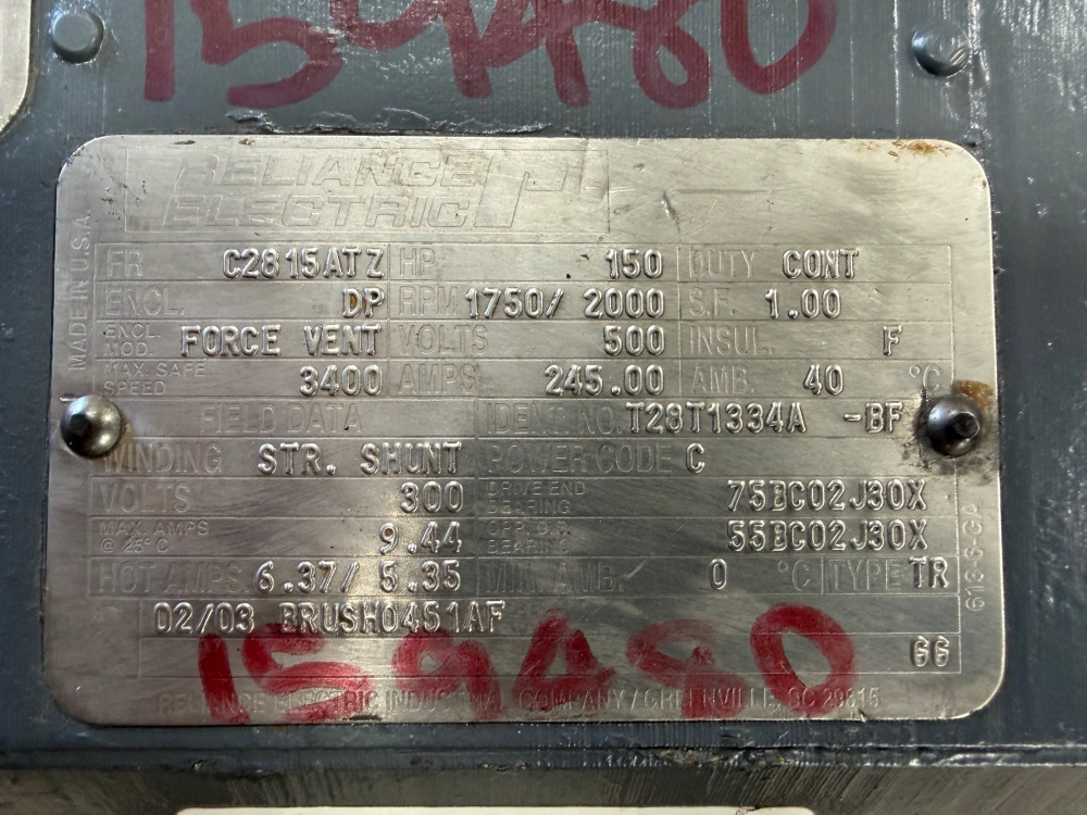 150 HP 1750/2000 RPM Reliance, Frame 2815ATZ, 500 VA, 300 VF, rblt. - Image 4