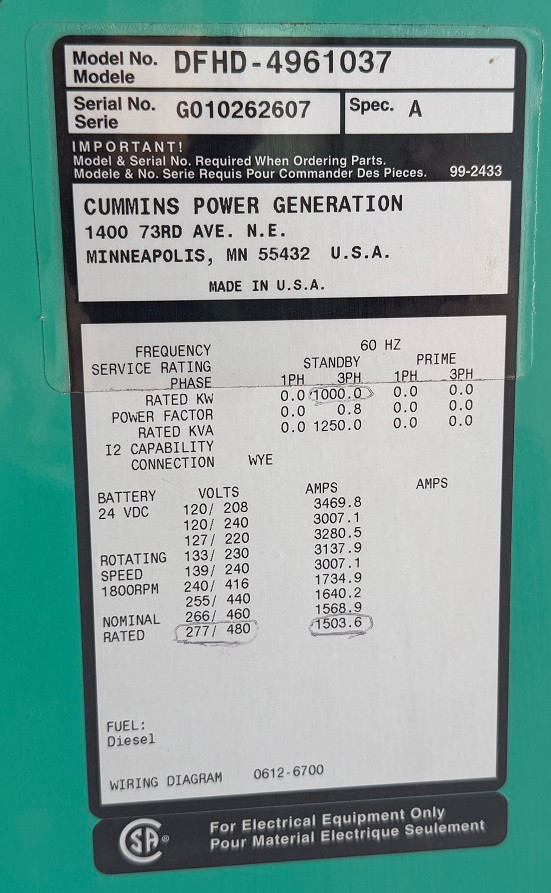 1000 KW Cummins / Onan #DFHD, diesel generator set, 277/480 Volts, 3-phase, 1490 HP @ 1800 RPM, QST30-G5 - Image 7