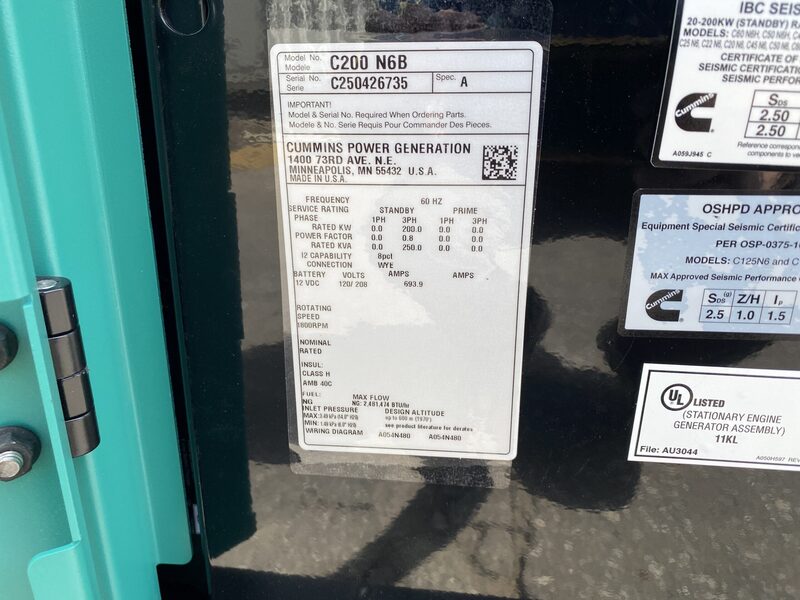 200 KW Cummins #C200N6B, Natural gas generator set, 120/208 Volts, 3-phase, 310 HP @ 1800 RPM, QSJ8.9G-G3 - Image 4