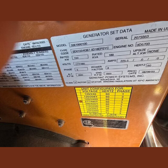 150 KW Generac #3361990100, Diesel Generator, 277/480 Volts, Iveco SD150 engine, 1800 RPM, circuit breaker - Image 2