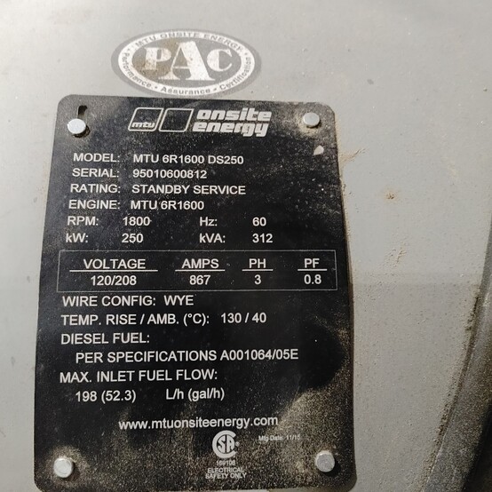 250 KW MTU #DS250, Diesel Generator, 120/208 Volt, 418 HP MTU engine, 1800 RPM, 1000 amp Square D main - Image 7