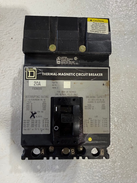 20 Amps, Square D, FH5020, Molded Case Circuit Breaker, 2-Pole, 600 VAC, I-Line Plug-In - Image 1
