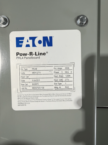 600 Amp. Eaton, Pow-R-Line PRL4, Panelboard, 480Y/277 Volts, 3PH, 4-wire, (3) 600 amp breakers, 2013 - Image 2